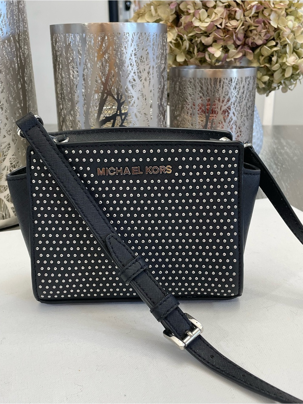 M MICHAEL KORS Jet Set Black Leather Micro Studs Small Crossbody Bag